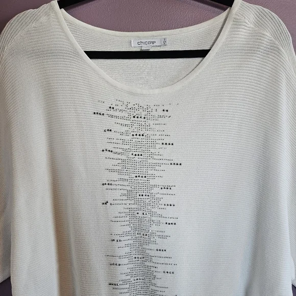 Chico's White Knit Silver Rhinestone Oversized Dolman Sleeve Sweater Tunic - Picture 2 of 12